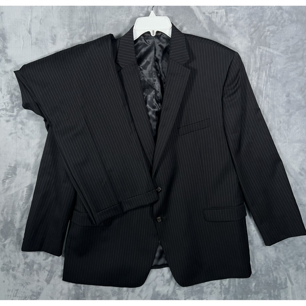 Lauren Ralph Lauren 2 Piece Suit Mens 50R Black Striped Jacket Blazer Pants Wool
